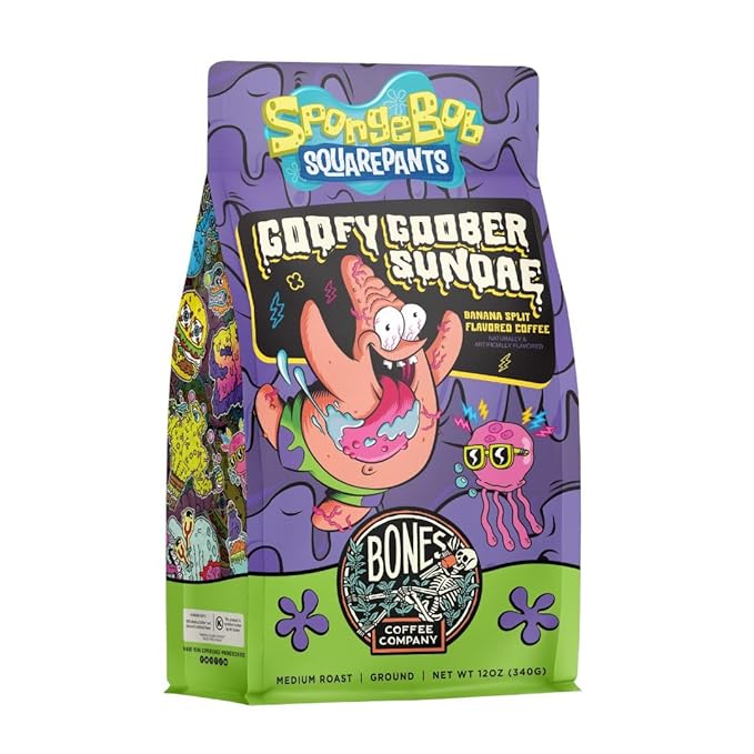 Bones Coffee Company Spongebob Goofy Goober Sundae, Banana Split Flavored Coffee, Medium Roast Low Acid Arabica Beans Compatible with Auto drip and French Press Coffee Maker, 12 Oz Ground