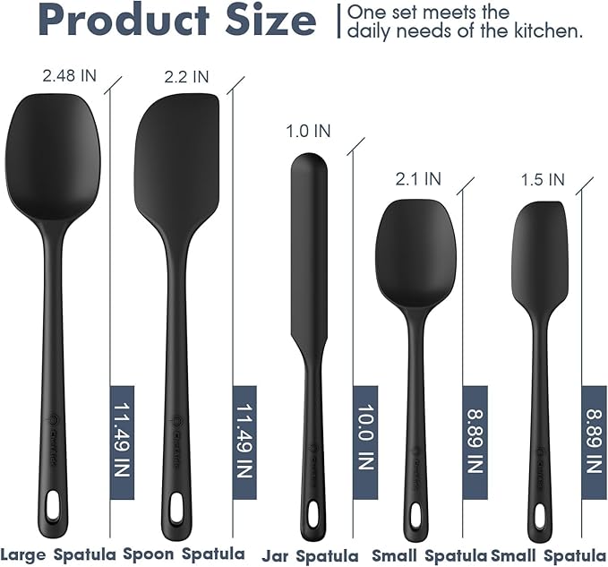 5 Pieces Silicone Spatula Set, Food Grade Rubber Spatula, Upgrade Strong Handle with Ergonomic Grip, Heat Resistant Up to 600°F for Nonstick Cookware, Cooking Black