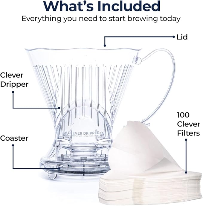 Clever Coffee Dripper and Filters, Large 18 oz, Original Classic Design, Safe BPA Free Plastic, dripper coffee maker, drip coffee maker pour over, 100 filters, coaster and lid, 18 oz (Clear)
