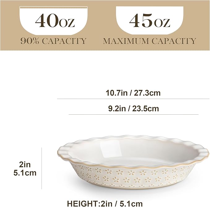 MALACASA Pie Pan, Stoneware Pie Dish for Baking, 45 OZ Deep Dish Pie Pans 9 Inch, Embossed Quiche Baking Dish for Oven, Fluted Dish Pie Plate for Apple Pie, Pot Pie and Quiche, Set of 1, Series LYDIA