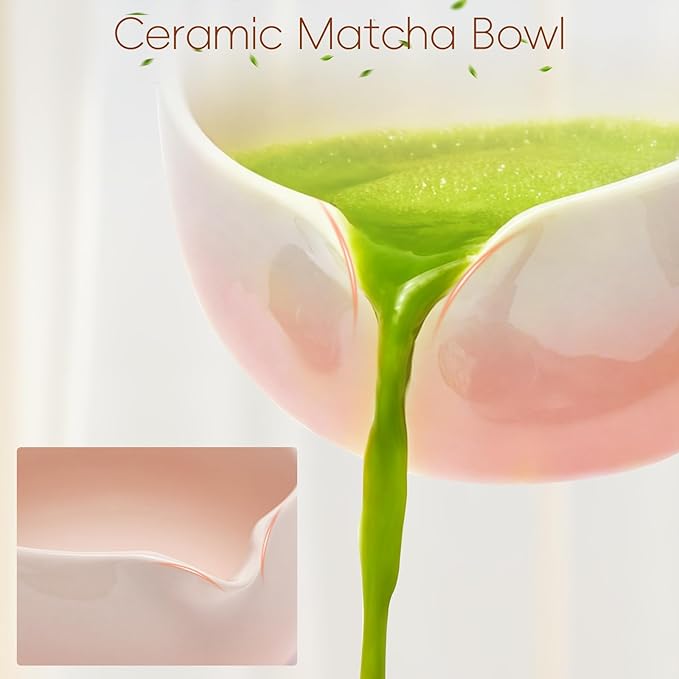 Matcha Whisk Set, Ceramic Matcha Set Includes Bowl & Holder, Bamboo Whisk (Chasen), Scoop, Spoon and Sifter, 6PCS Matcha Kit Covers Everything Needed for Making Matcha (Pink)