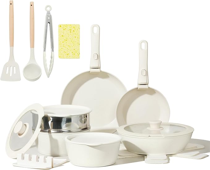 Nonstick Ceramic Cookware Set 21PCS with Detachable Handle, Pans and Pots Set, RV Kitchen Set Cookware Set, with Removable Handles, Oven Safe, Induction Ready, Stackable Non-stick Set