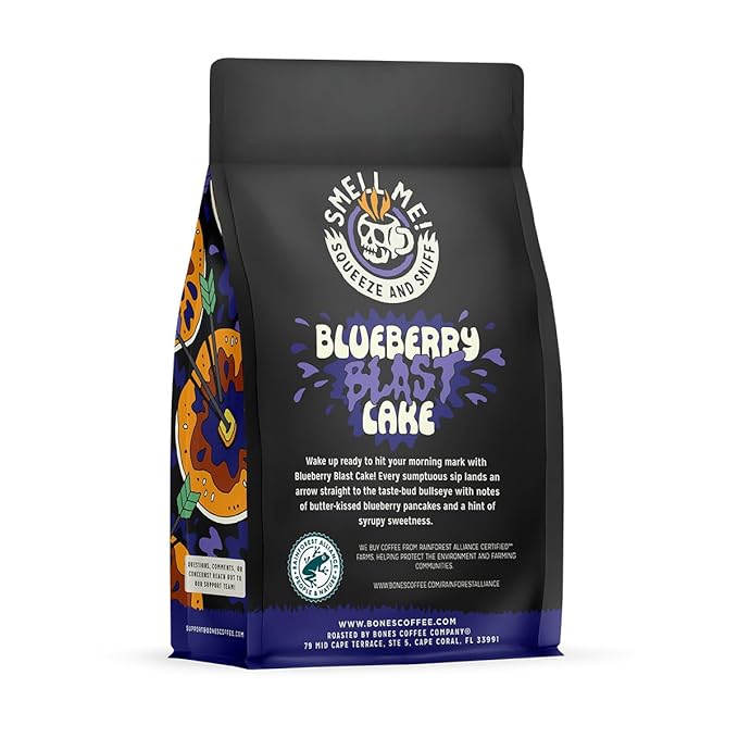 Bones Coffee Company Blueberry Blast Cake, Blueberry Pancakes Flavored Coffee, Medium Roast Low Acid Arabica Beans Compatible with Auto drip and French Press Coffee Maker, 12 Oz Ground