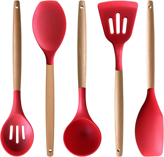 Silicone Cooking Utensils Set 5Pcs Non-Stick Silicone Kitchen Utensils for Cooking, Heat Resistant Kitchen Gadgets Spatula Spoon Turner Set with Wooden Handles for Non-Stick Cookware BPA Free