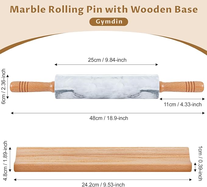 Marble Rolling Pin - 18.9" Marble Rolling Pins for Baking, Pastry, Pizza Dough & More - Polished Non-Stick Surface, Long Dough Roller with Wooden Handles & Base