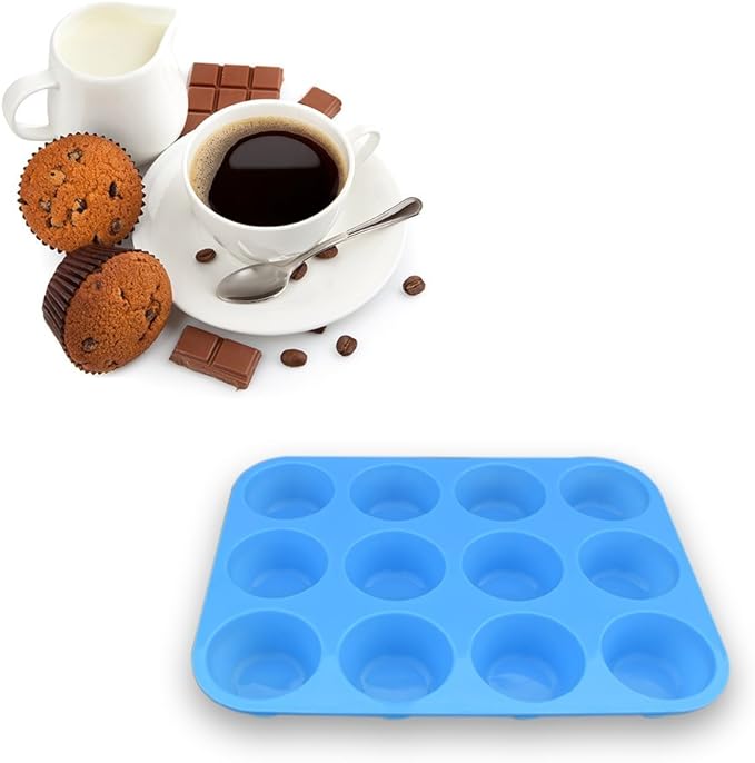 homEdge 12-Cup Silicone Muffin Pan, Pack of 3 Non-Stick Muffin Molds, Baking Pan for Cupcake, Tarts, Egg Bites-Blue