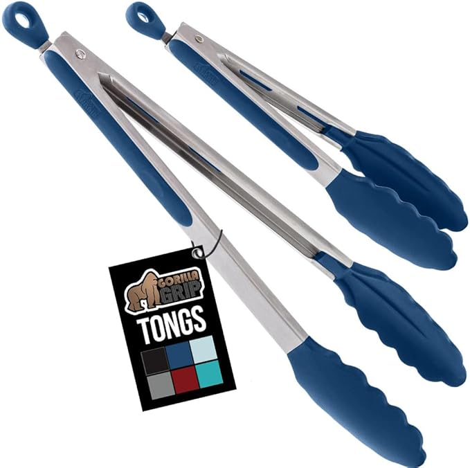 GORILLA GRIP Stainless Steel Heat Resistant Kitchen Tongs for Cooking, 9 + 12 Inch, Set of 2 BBQ Tong, Non Scratch Silicone Tip for Pan, Strong Grip, Grab Food, Toss Salad, Air Fryer, Pull Lock, Blue