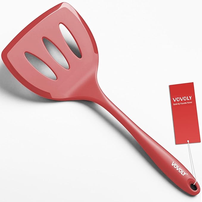 Silicone Pancake Spatula Turner with Lengthened Handle& Seamless Design, Heat Resistant Slotted Flipper for Nonstick Cookware, Large Flexible Kitchen Utensils for Egg, Pancake, Burger, Red