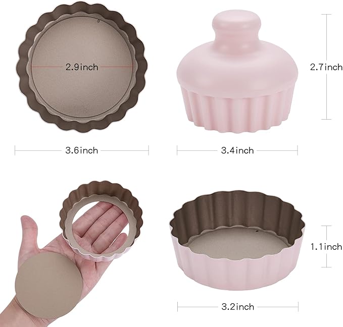 Mini Round Tart Pan with Removable Bottom, Nonstick Mini Pie Pans for Baking, Carbon Steel Quiche Pan Set for Cupcake Muffin Cakes and Desserts, Including 6 Tart Pan and 1 Tart Tamper (Pink)