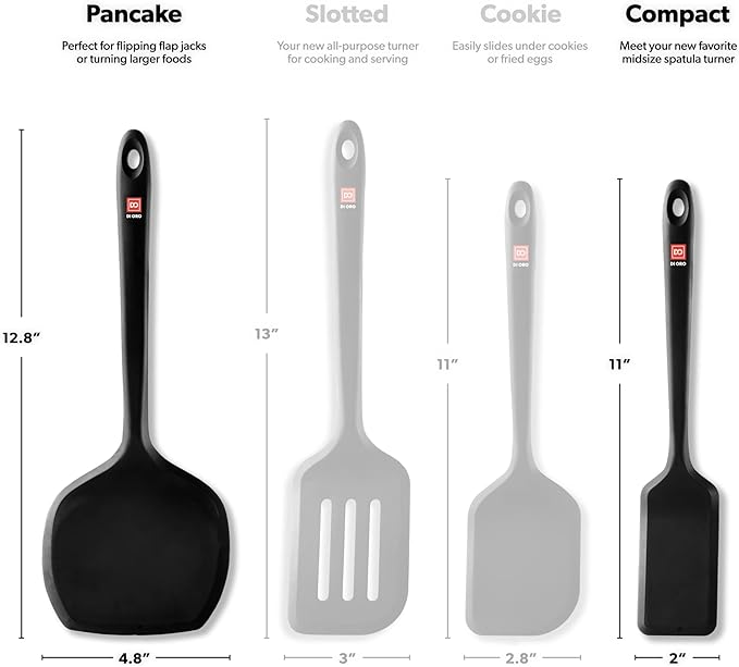 DI ORO Silicone Turner Spatula Set - Kitchen Spatulas for Nonstick Cookware - Cooking Utensils for Flipping Eggs & Pancakes - 600°F Heat-Resistant BPA Free Turners - Dishwasher Safe (2pc, Black)