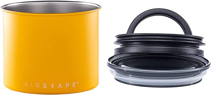 Planetary Design Airscape Stainless Steel Coffee Canister | Food Storage Container | US Patented Airtight Lid | Push Out Excess Air Preserve Food Freshness (Small, Matte Yellow)