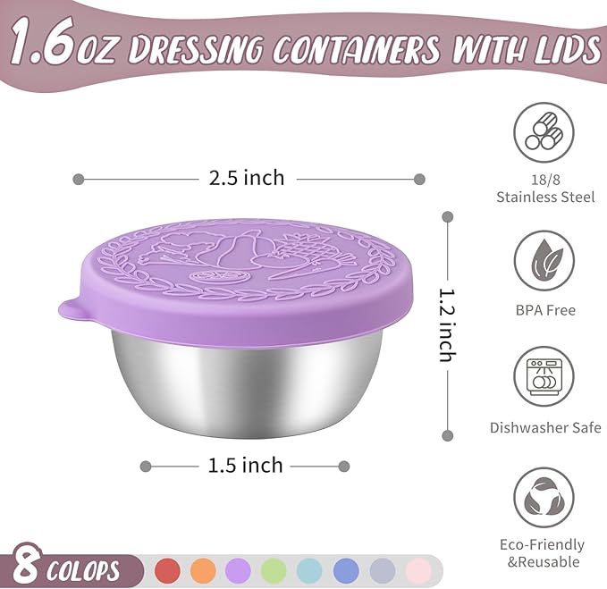 8 Pack - 1.6 Oz Small Salad Dressing Containers To Go, Leakproof Condiment Containers with Lids Reusable Stainless Steel Sauce Cups for Lunch Boxes Kitchen Storage Picnics Travel Meal Prep