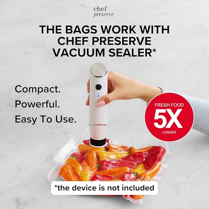 Chef Preserve Reusable Vacuum Sealer Bags for Food – 60 BPA-Free Food Storage Bags, Freezer, Microwave – Odor-Resistant, Leak-Proof – Compatible with Chef Preserve Vacuum Sealers