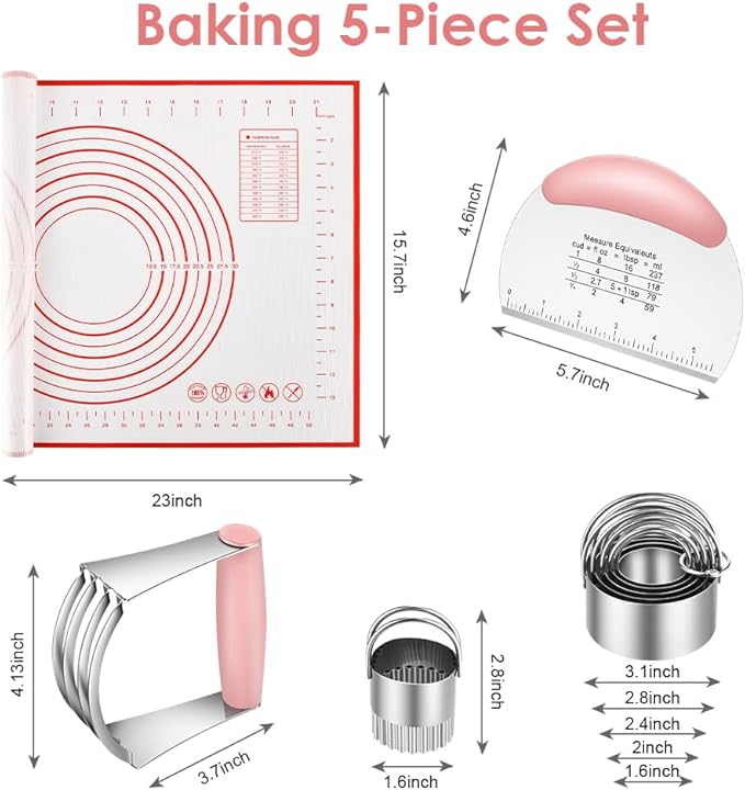 Stainless Steel Biscuit & Dough Cutter Set - 5 Pcs/Pink, Silicone Baking Mats, Pastry Blender