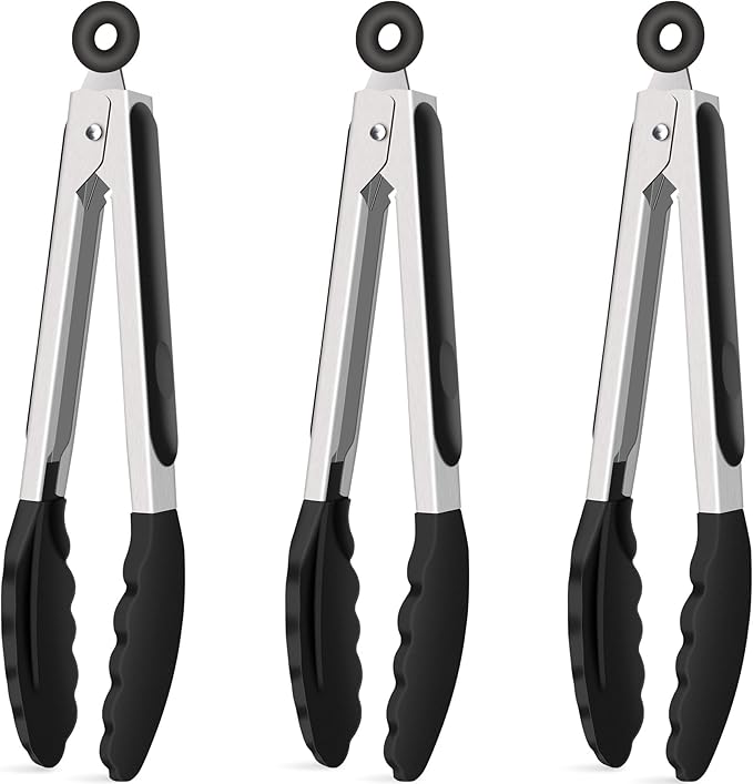 Hotec Silicone Kitchen Tongs for Cooking 9-Inch Serving Tongs with Silicone Tips, Set of 3 (Black)