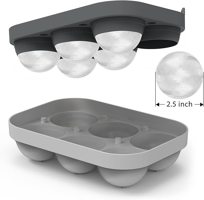 2.5inch Spherical Ice Ball Tray For Whiskey, Big Ice Freezer Mold for Cocktails，Easy Fill In & Release Ice Cube Mold, Durable &Reusable Spherical Ice Maker (Steel Grey)