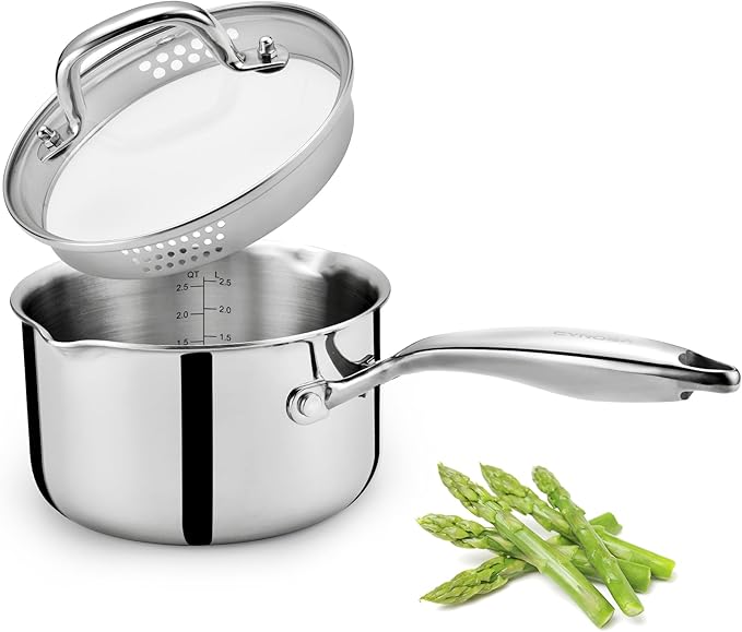 Cyrosa 2.5 Quart Saucepan with Strainer Lid, Stainless Steel Sauce Pot, Sauce Pan for Stove Top, Two Side Spouts for Easy Pour, Dishwasher Safe