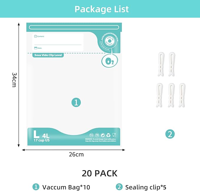 Sous Vide Bags Reusable, BPA Free Food Vacuum Sealer Bags, Double-sided 20C, Vacuum Food Storage Bags for Sous Vide Cooking/Microwave Heating, 20pcs Vacuum Zipper Bags (10.2x13.4inch)