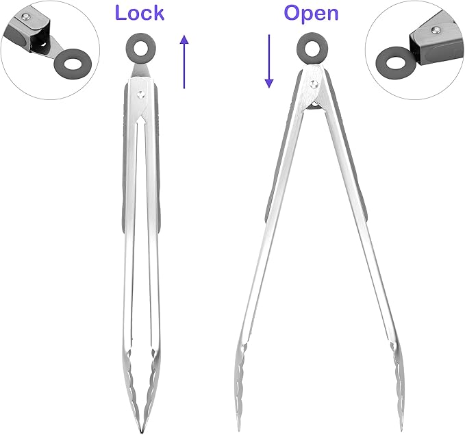 304 Stainless Steel Kitchen Cooking Tongs, 12" and 14" Set of 2 Sturdy Grilling Barbeque Brushed Locking Food Tongs with Ergonomic Grip, Grey