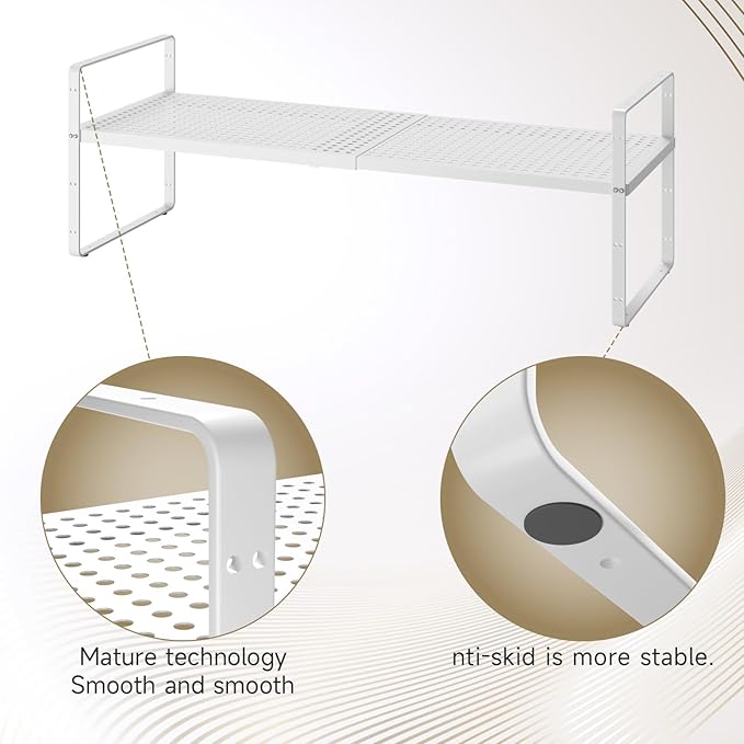 Hole Pattern Expandable Shelf Organizer,1Pack 8.1" Wide Easy to Assemble Cabinet Organizer Shelf, 16.5~27.1" Adjustable Height&Stackable Spice Organization for Cupboard, White