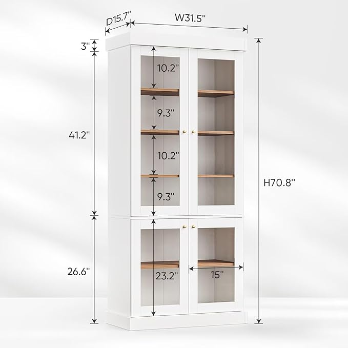 70.8" Tall Farmhouse Kitchen Pantry Cabinet with Glass Doors, Modular Storage Cabinet with 6-Tier Adjustable Shelves, White, Wooden Hutch for Kitchen, Living Room