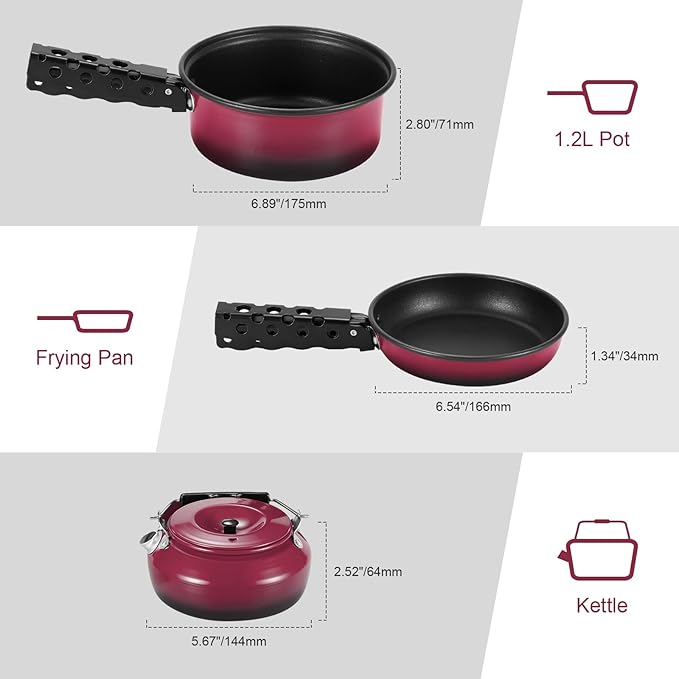 Odoland 5pcs Camping Cookware Non-Stick Camping Pot and Pan Set with Kettle and Removable Handle for Hiking Backpacking and Picnic