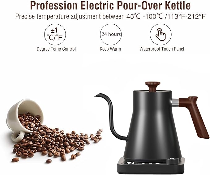 Electric Kettles, Gooseneck Electric Kettle, ±1℉ Temperature Control, Stainless Steel Inner, Quick Heating, for Pour Over Coffee, Brew Tea, Boil Hot Water, 0.9L (Black)