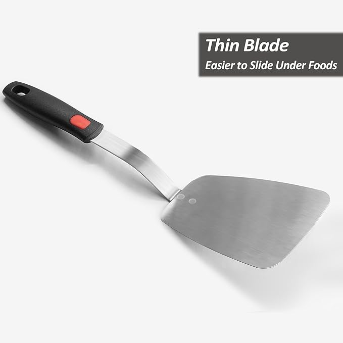 Stainless Steel Flexible Spatula Solid Turner, XiaoZu Thin Metal Spatula for Cast Iron Skillet, Thin Blade and Heat Resistant Silicone Handle, Great for Egg, Cookie, Meat, Crep, Large