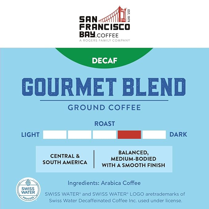 SF Bay Coffee DECAF Gourmet Blend 28 oz Bag, Ground Medium Roast, Swiss Water Process Decaffeinated