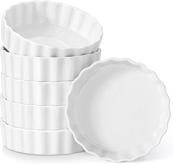 LOVECASA Porcelain Ramekins 8 Oz Oven Safe Set of 6 - Shallow Creme Brulee Dishes for Baking, Soufflés, Custards, Fluted Quiche Pans, Chip-Resistant & Stackable, White