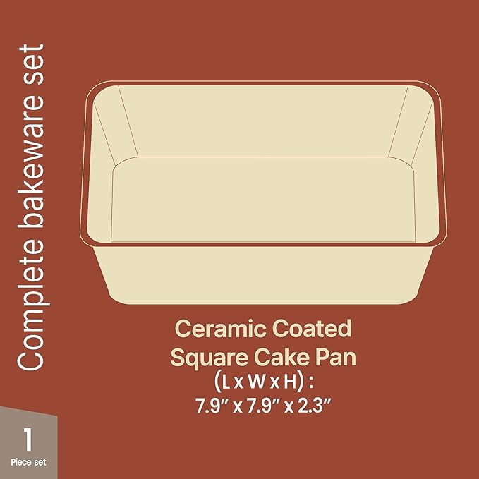 BAKKENMASTER Square Cake Pan - Aluminized Steel, Ceramic Non-Stick Coating, Non-Toxic, Ideal Size, Heavy-Duty, Elevate Your Baking with Durability and Style!