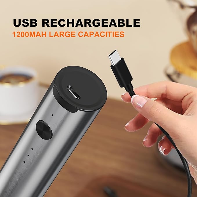Rechargeable Milk Frother with Stand, 3 Speeds Drink Mixer Handheld with 2 Heads, Electric Frother Wand for Coffee, Latte, Cappuccino, Hot Chocolate, Matcha and Egg Mini Frother, Silver