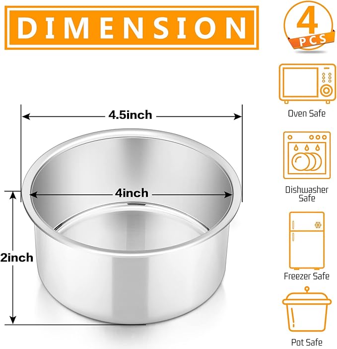 P&P CHEF Cake Pan Set of 4, Stainless Steel Baking Round Cake Pans Tins Bakeware for Birthday Wedding, Leak-proof & Easy Clean, Mirror Finish & Easy Releasing, 4 Inch