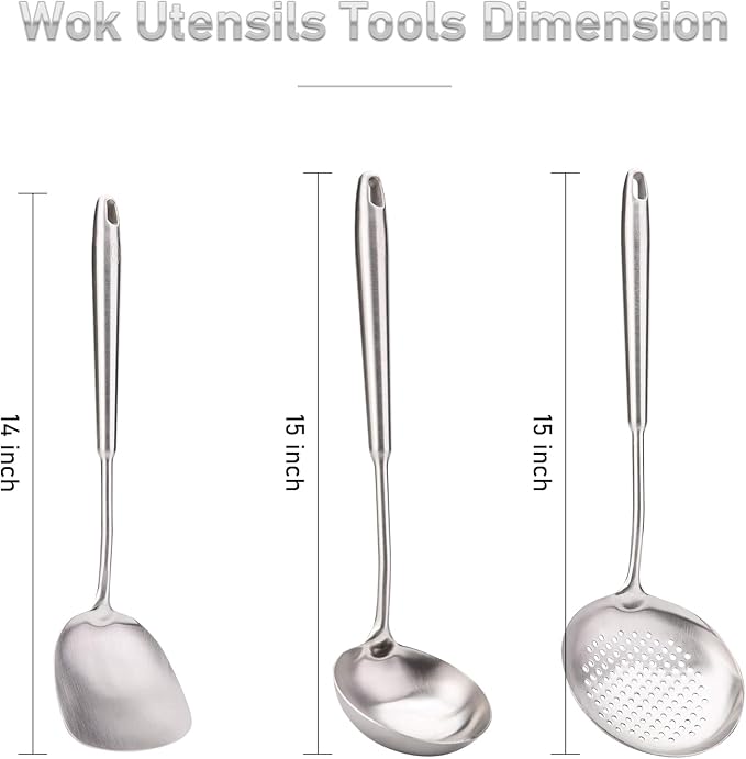FJNATINH 6-Pieces 304 Stainless Steel Wok Spatula Set,Cooking Utensil Set,Soup Ladle Colander,Nonstick Kitchen Cooking Utensils Set with Spatula,Kitchenware Tools