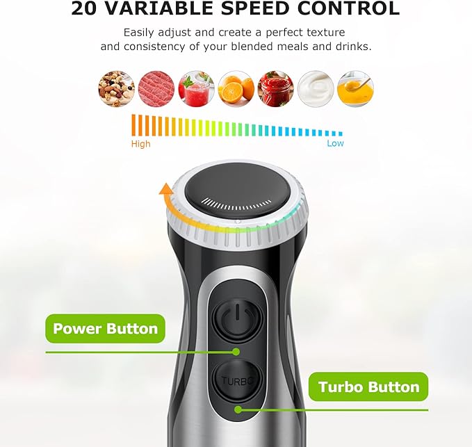 Bonsenkitchen Immersion Handheld Blender with Whisk, 20-Speed & Turbo Mode Hand Blender Stick 500W, 304 Stainless Steel Hand Blender for Soup, Smoothie, Puree, Baby Food