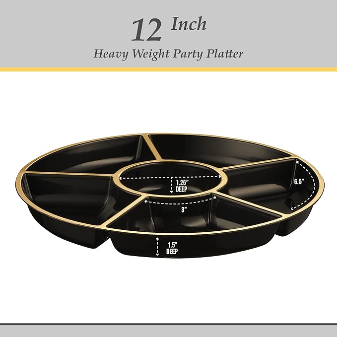 PLASTICPRO 6 Sectional Round Plastic Serving Tray/Platters Black & Gold Pack of 2
