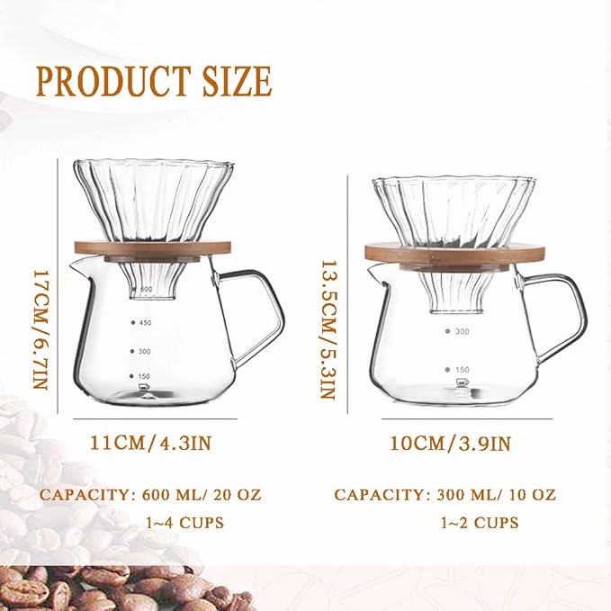 Pour Over Coffee Maker - 10 OZ /300ML Glass Carafe Coffee Server with Glass Coffee Dripper/Filter, Drip Coffee Maker Set for Home or Office, 1-2 Cups