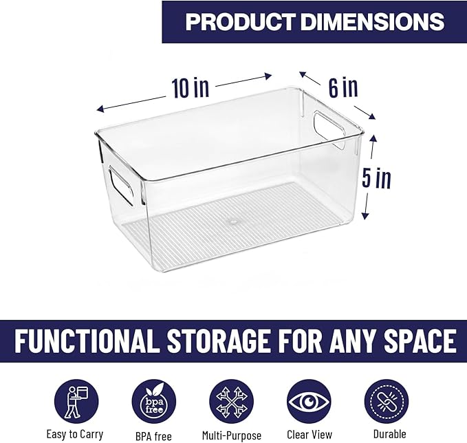 Clear Plastic Storage Bins, Pantry Organizers and Storage Containers Fridge Organizer Bins for Organizing Kitchen Cabinet Organizer Bin Bathroom Freezer Refrigerator Organization