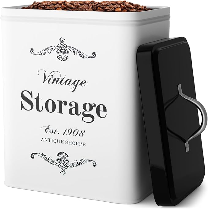 Amici Home Antique Shoppe Metal Canister | Dry Food Storage Container | Push Top Lid | 208 Ounce Capacity | Vintage Square Canister for Kitchen Countertop