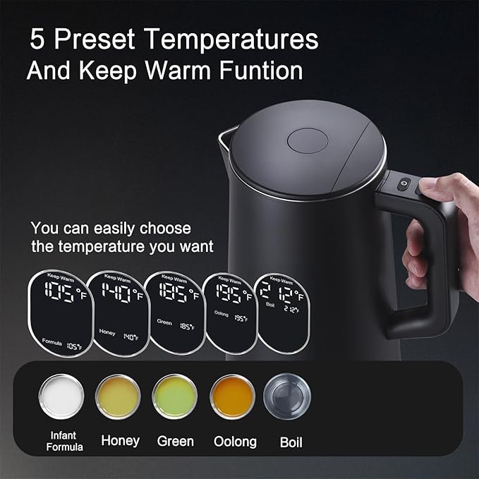 1.5L Electric Kettle Stainless Steel, Double Wall Cool Touch Teapot, Fast Boil,5 Temperature Control, LED Display, Auto Shut-Off, BPA-Free,Keep Warm Function, Ideal for Tea & Coffee,Black