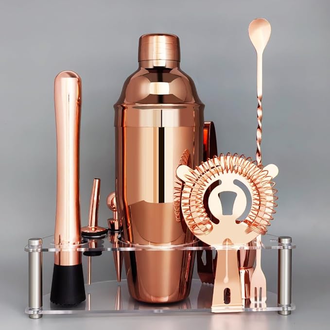 Cocktail Shaker Set with Stand, Cocktail Shaker Bartender Kit: Bar Tool Set, Drink Mixing Includes Martini Shaker,Strainer,Jigger,Bar Mixer Spoon,Muddler, Pourer, Bottle Stopper (Rose Gold)