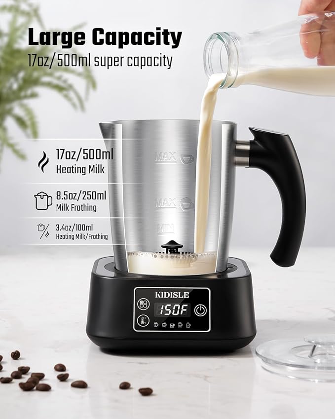 5-in-1 Milk Frother and Steamer, 17oz Detachable Frother with Adjustable Temperature, Stainless Steel Milk Steamer, Hot & Cold Foam Maker for Coffee, Latte, Hot Chocolate, Dishwasher Safe
