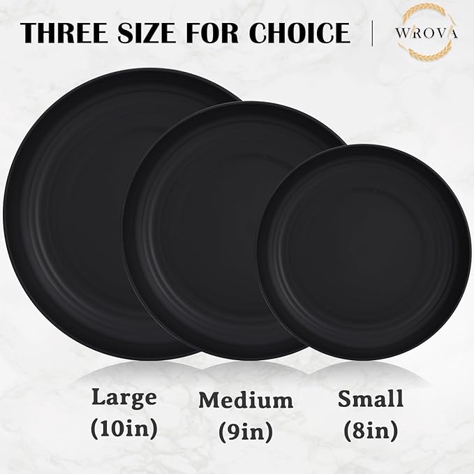 Wrova Wheat Straw Plates - 9 Inch Unbreakable Dinner Plates Set of 8 - Dishwasher & Microwave Safe Plastic Plates Reusable - Lightweight Plate for kitchen,camping (pure black)