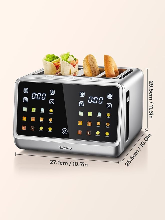Yabano 4-Slice Toaster with Smart Touch Control, 6 Shade Levels & 6 Bread Settings, Extra Wide Slot for Bagels/English Muffins, Compact Design with Removable Crumb Tray