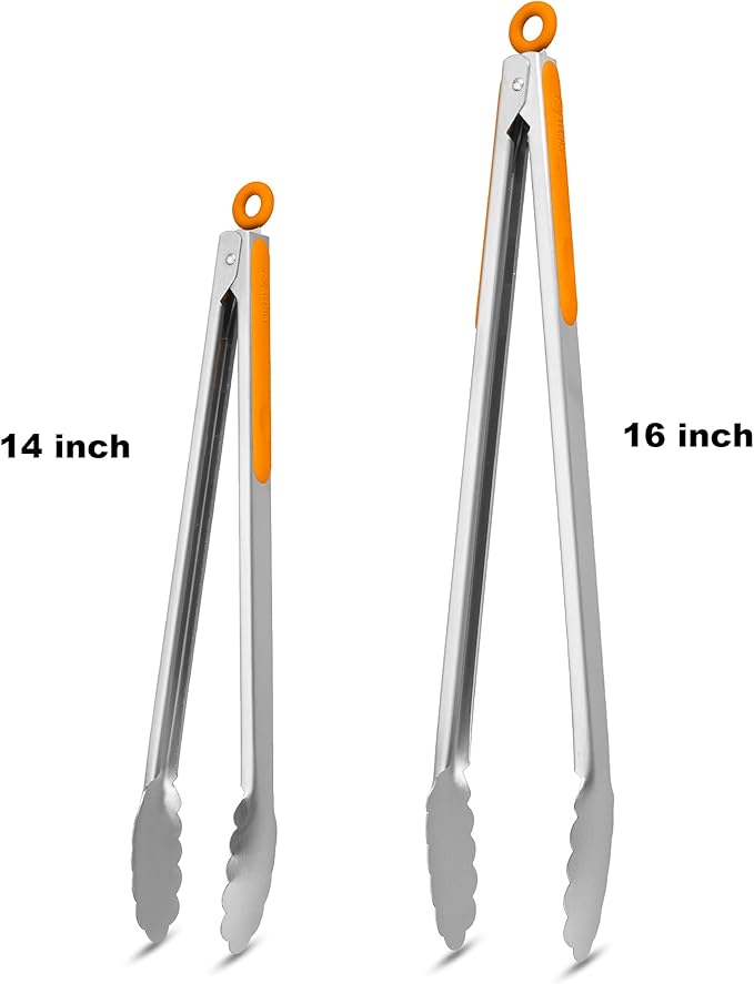 304 Stainless Steel Kitchen Cooking Tongs, 14" and 16" Set of 2 Sturdy Grilling Barbeque Brushed Locking Food Tongs with Ergonomic Grip, Orange