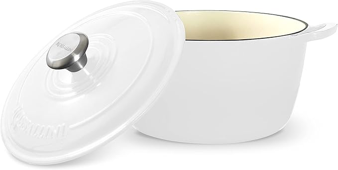 Signature Enameled Cast Iron Dutch Oven, Non-Stick Serving Pot with Tight Fitting Lid for Perfect Roasting, Baking, Sauteing, and Bread Making | 4.5Q (4.2L) - White