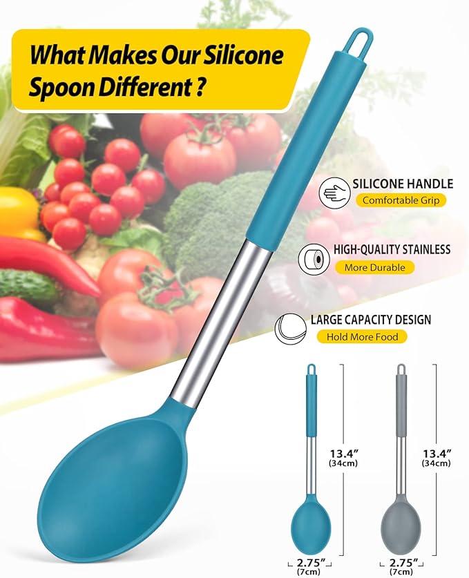 Pack of 2 Large Silicone Cooking Spoon Non Stick Solid Basting Spoons Heat-Resistant Kitchen Utensils for Mixing Serving (Gray-Blue)