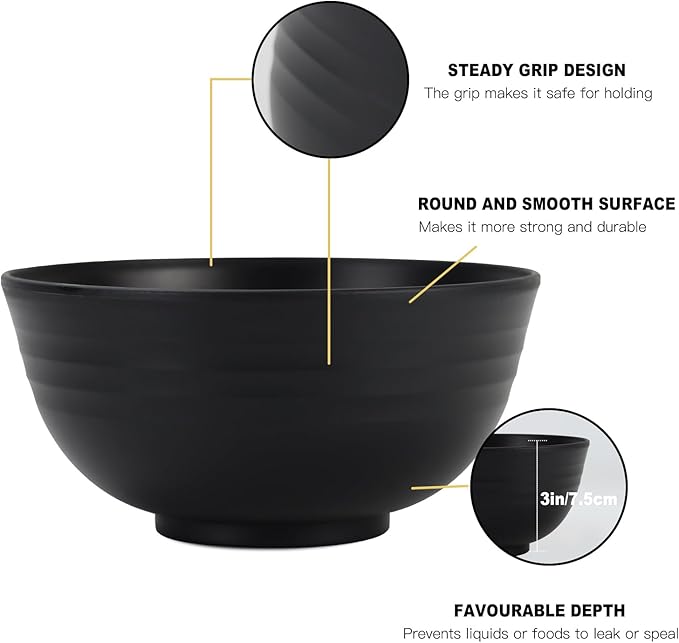 Homienly Cereal Bowl Set, Wheat Straw Bowls for Kitchen, Unbreakable Lightweight Bowl Set of 8, Microwave and Dishwasher Safe Bowls, Reusable Bowl for Serving, Cereal, Snack,Fruit(Black, 26 OZ)