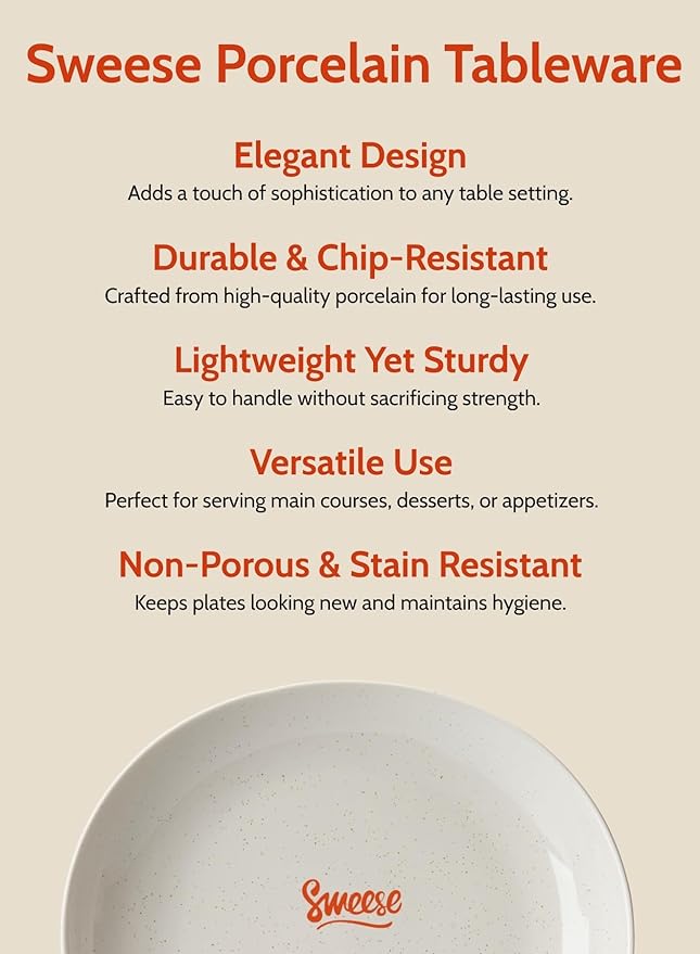Sweese 7.8" Porcelain Dessert Plates Set, Grey, Set of 6 - Scratch Resistant, Dishwasher Microwave Safe