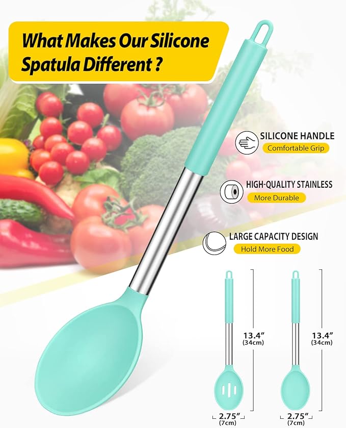 Pack of 2 Large Silicone Cooking Spoons,Non Stick Solid Basting Spoon,Heat-Resistant Kitchen Utensils for Mixing,Serving,Draining,Stirring (GREEN)